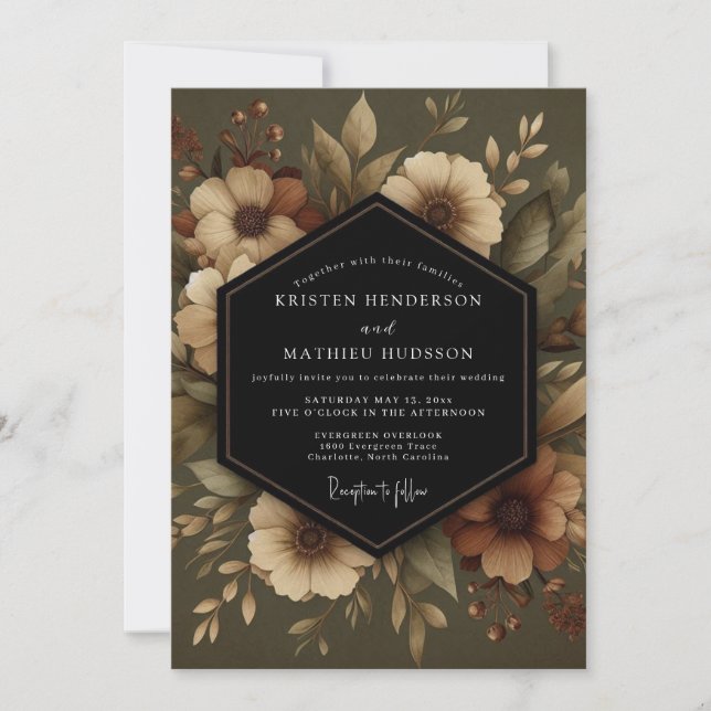 Convite Casamento Floral Botânico Oliva (Frente)
