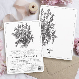 Convite Casamento Floral Botânico Preto e Branco Vintage