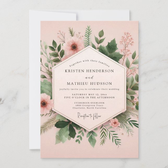 Convite Casamento Floral Botânico Rosa (Frente)