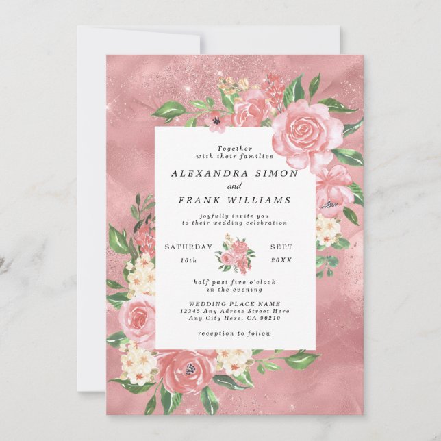Convite Casamento Floral Botânico Rosa Água-Marinha Dourad (Frente)