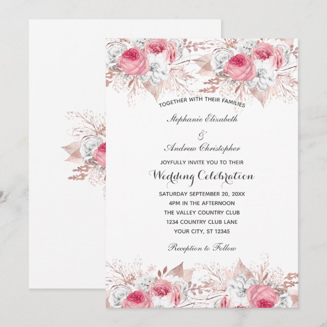 Convite Casamento Floral Botânico Rosa Branco Dourado Rosa (Frente/Verso)