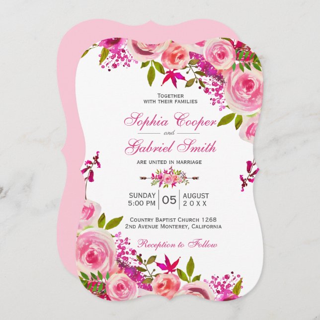 Convite Casamento Floral Botânico Rosa da Fuchsia Rosa (Frente/Verso)