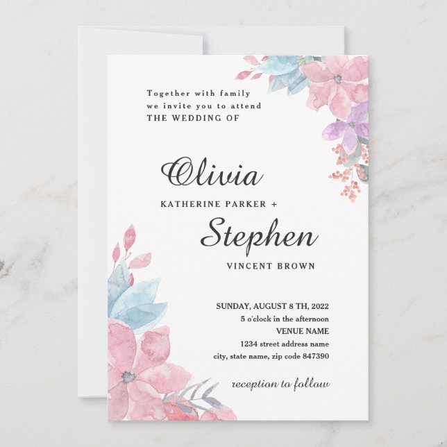 Convite Casamento floral botânico rosa-d'água. Lâmpada (Frente)