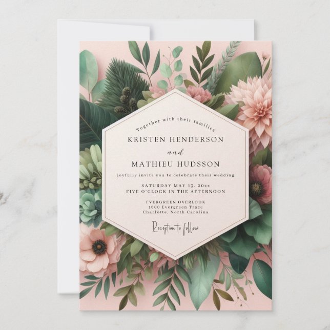 Convite Casamento Floral Botânico Rosa Empoeirado (Frente)