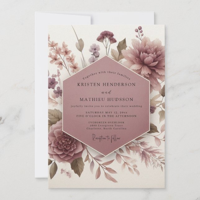 Convite Casamento Floral Botânico Rosa Malva (Frente)
