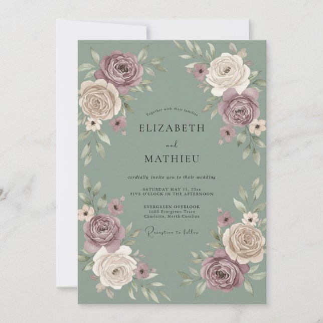 Convite Casamento Floral Botânico Rosa Mauve (Frente)