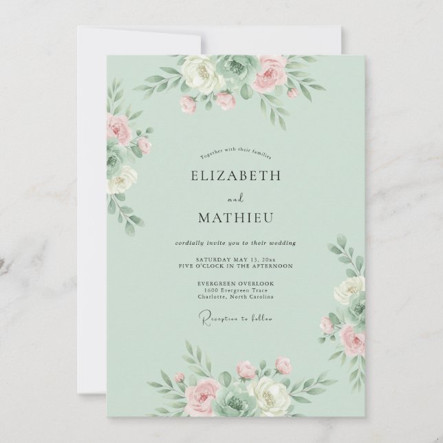 Convite Casamento Floral Botânico Rosa Menta (Frente)