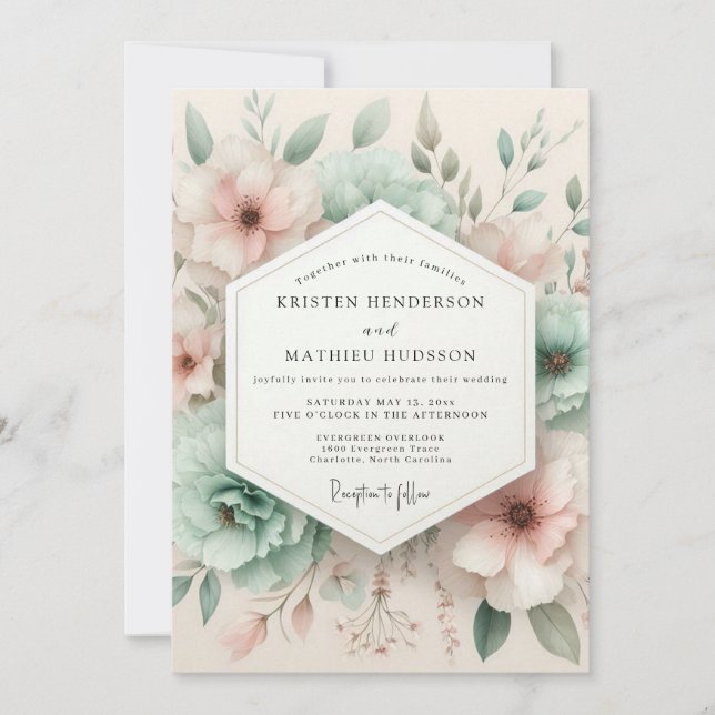 Convite Casamento Floral Botânico Rosa Pálido (Frente)