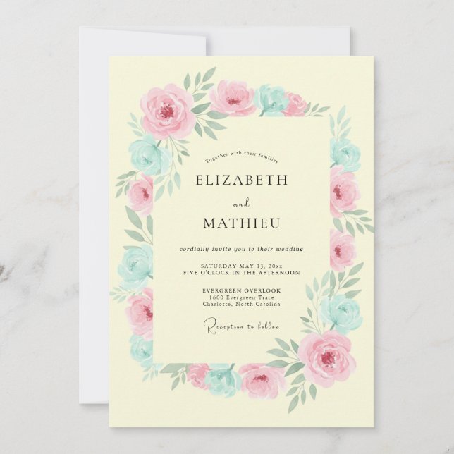 Convite Casamento Floral Botânico Rosa Pêssego (Frente)