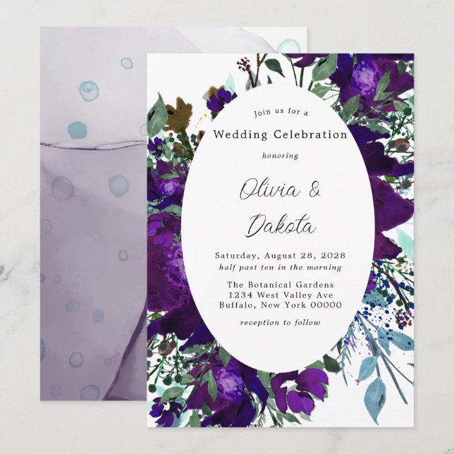 Convite Casamento Floral Botânico Roxo e Teal (Frente/Verso)
