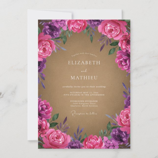 Convite Casamento Floral Botânico Roxo Magenta (Frente)