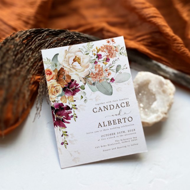 Convite Casamento Floral Botânico Rustic Maroon Rust Orang (Criador carregado)