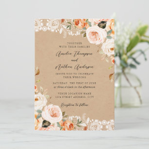 Convite Casamento Floral Botânico Rústico com Renda Bege d