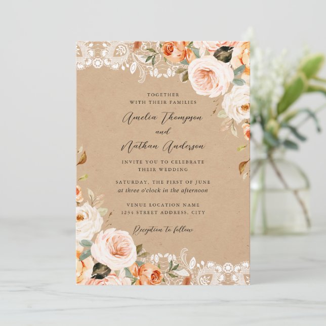 Convite Casamento Floral Botânico Rústico com Renda Bege d (Em pé/Frente)