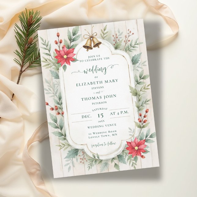 Convite Casamento Floral Botânico Rústico de Madeira no In (winter wedding invitation rustic greenery poinsettia light barn wood bells green red template)