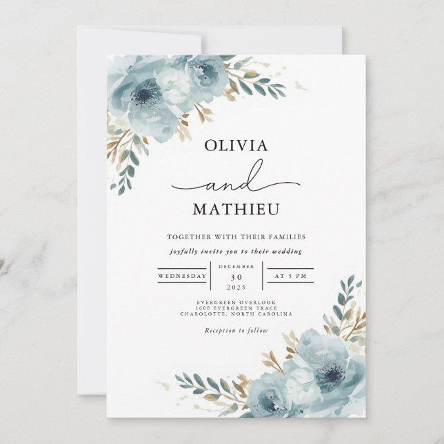Convite Casamento Floral Botânico Serene Blue (Frente)