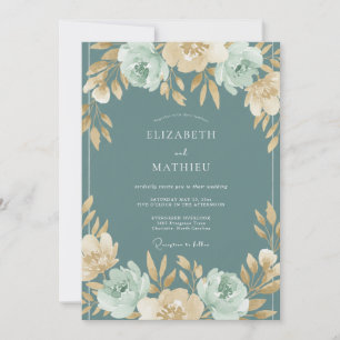 Convite Casamento Floral Botânico Suave em Verde Azul