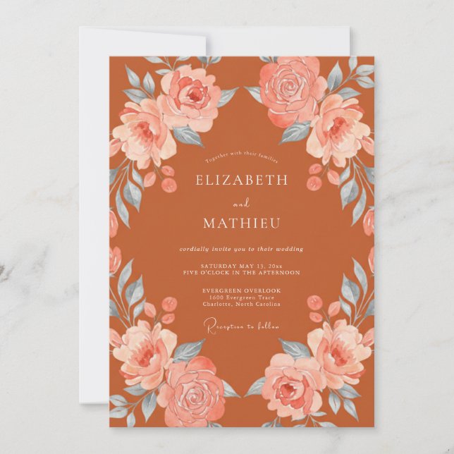 Convite Casamento Floral Botânico Terracota Rubor (Frente)