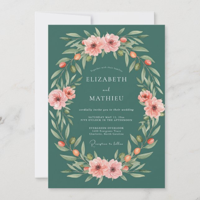 Convite Casamento Floral Botânico Turquesa (Frente)