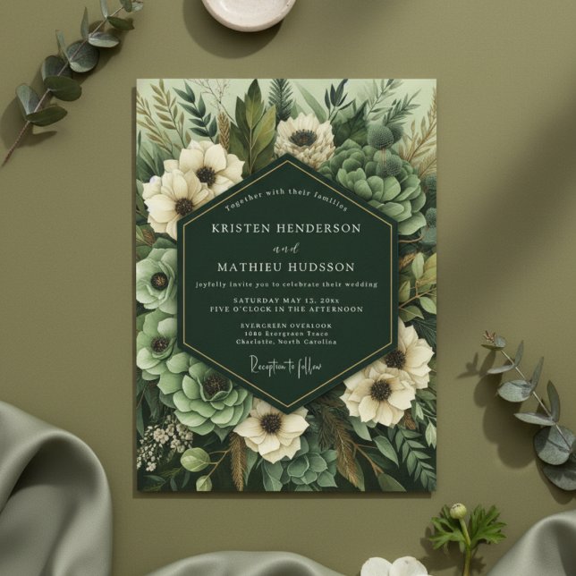 Convite Casamento Floral Botânico Verde Esmeralda (Criador carregado)