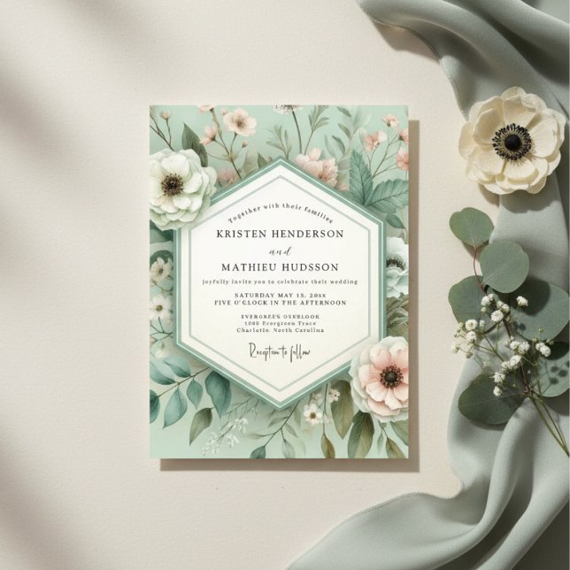 Convite Casamento Floral Botânico Verde Menta (Criador carregado)
