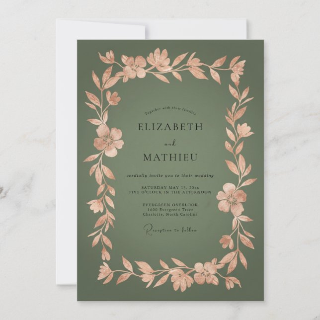 Convite Casamento Floral Botânico Verde Oliva (Frente)