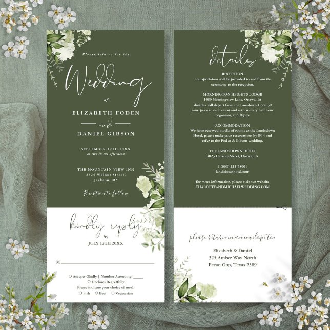 Convite Casamento Floral Botânico Verde Oliva Tudo Em Um  (Olive Green Botanical Floral All In One Wedding Invitation)