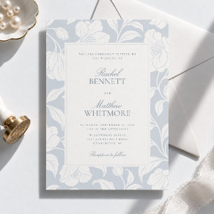Convite Casamento Floral Botânico Vintage Azul Empoeirado