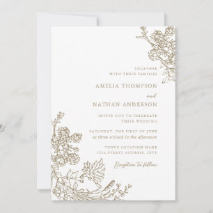 Convite Casamento Floral Botânico Vintage Bege