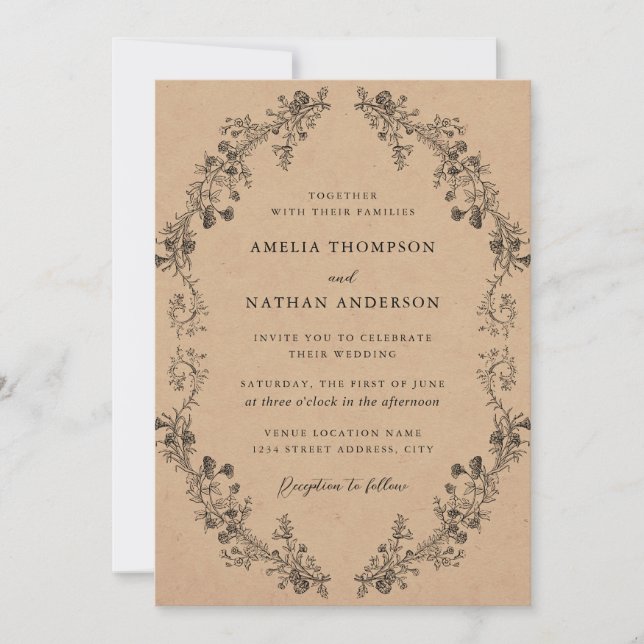 Convite Casamento Floral Botânico Vintage Kraft Rústico (Frente)