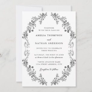 Convite Casamento Floral Botânico Vintage Preto Branco