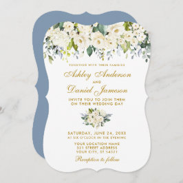 Convite Casamento Floral Branca com Mola Azul Dusty Dourad