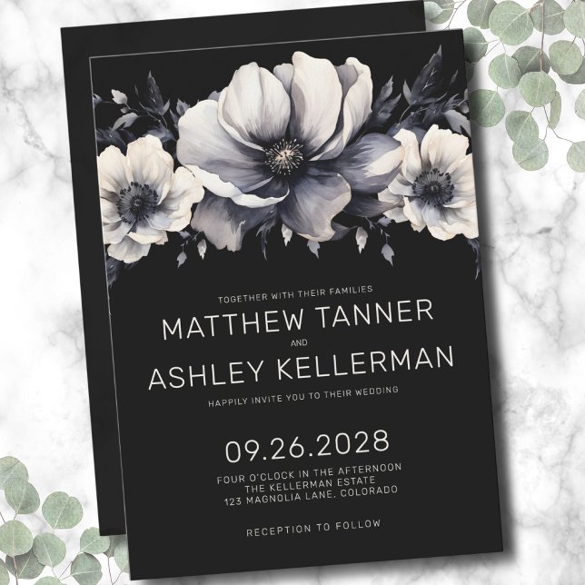 Convite Casamento Floral Branca Negra Elegante (Elegant Modern Black White Floral Wedding Invitation)