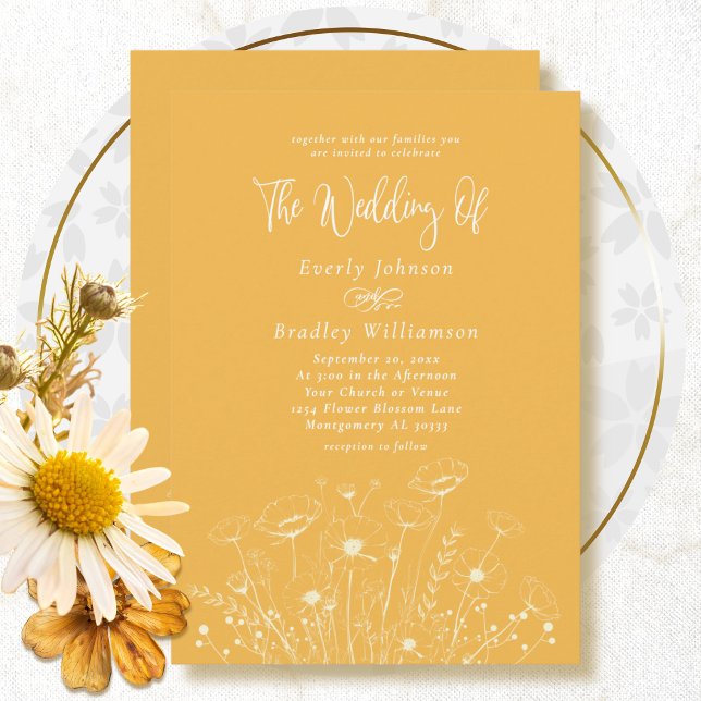 Convite Casamento Floral Branco Amarelo Dourado Mínimo Sim (Criador carregado)