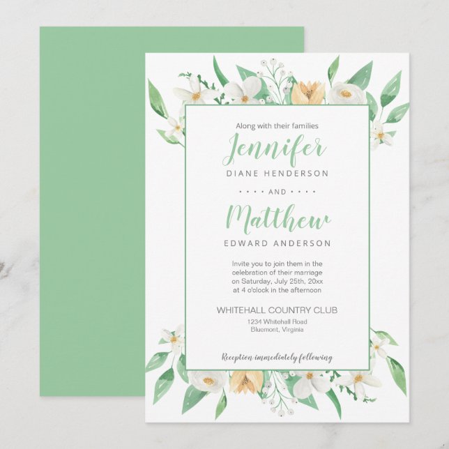 Convite Casamento Floral Branco, Amarelo e Verde em Moldur (Frente/Verso)