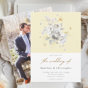 Convite Casamento Floral Branco Amarelo Elegante