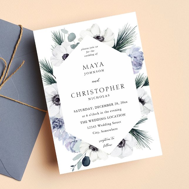 Convite Casamento Floral Branco Anemone Winter (Criador carregado)