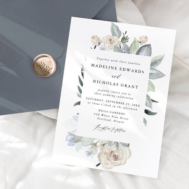 Convite Casamento Floral Branco Aquarela Romântico (Criador carregado)