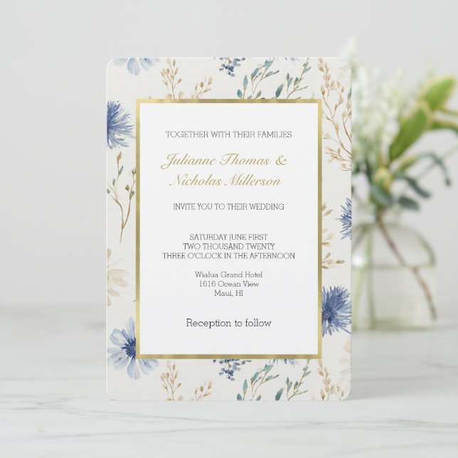 Convite Casamento Floral Branco Azul (Em pé/Frente)