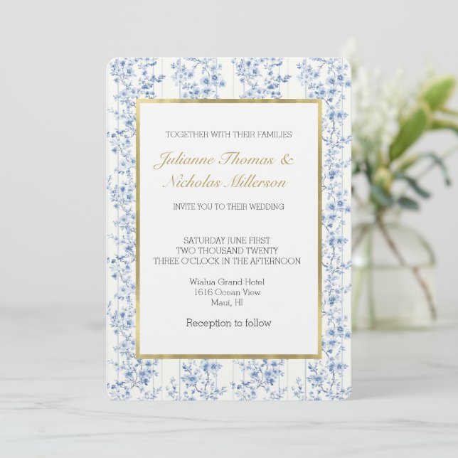 Convite Casamento Floral Branco Azul Bonito (Em pé/Frente)