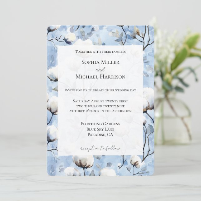 Convite Casamento Floral Branco Azul Claro Bonito (Em pé/Frente)