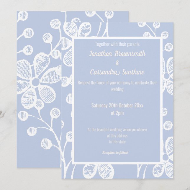 CONVITE CASAMENTO FLORAL BRANCO AZUL ELEGANTE (Frente/Verso)