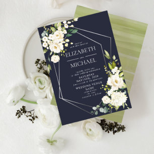 Convite Casamento Floral Branco Azul-Geométrico