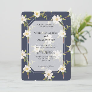 Convite Casamento Floral Branco Azul Naval Romântico