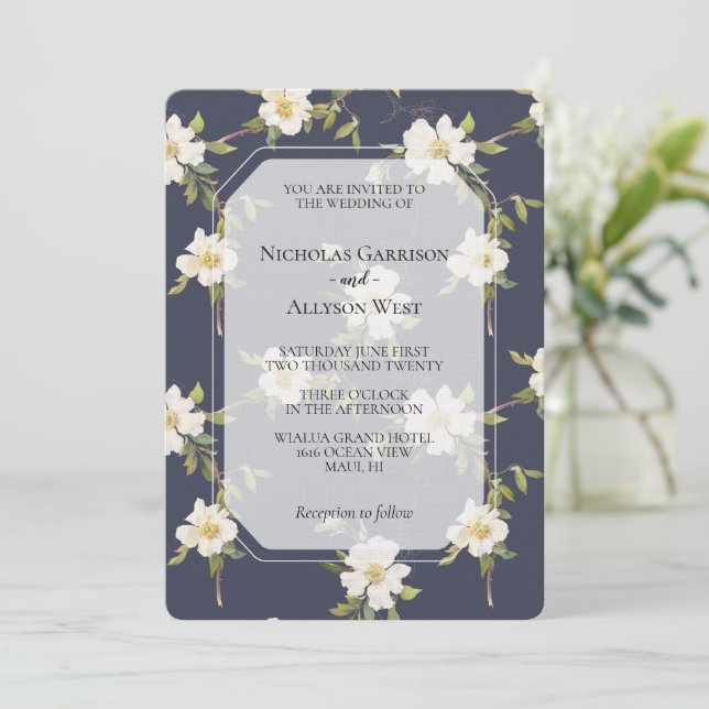 Convite Casamento Floral Branco Azul Naval Romântico (Em pé/Frente)
