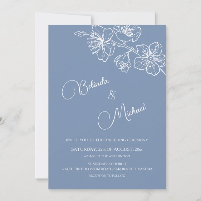 Convite Casamento Floral Branco Azul Profundo Empoeirado (Frente)