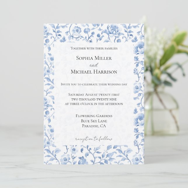 Convite Casamento Floral Branco Azul Romântico (Em pé/Frente)