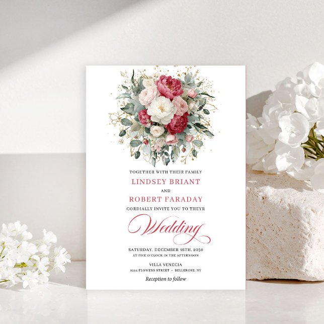Convite Casamento Floral Branco Boho Atemporal (Timeless Boho Blush White Gold Floral Wedding Invitation)