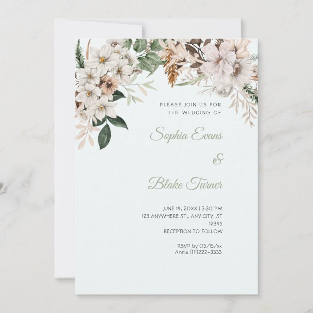 Convite Casamento Floral Branco Boho Inverno Azul Claro (Frente)