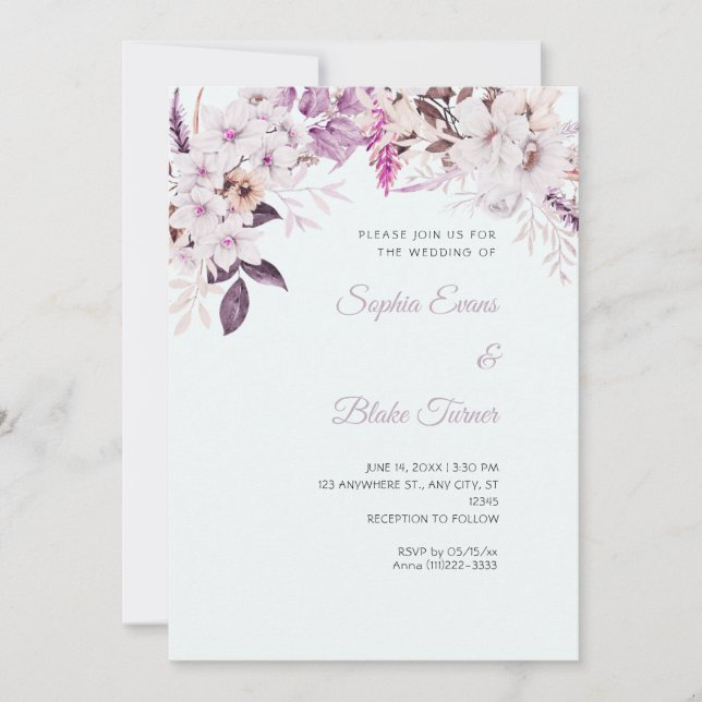 Convite Casamento Floral Branco Boho Inverno Azul Claro (Frente)